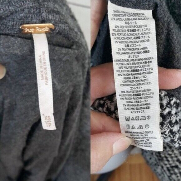 Free People Satellite Image Wool Coat Gray XS Drawstring Hood Button Swing Tweed - Picture 6 of 8